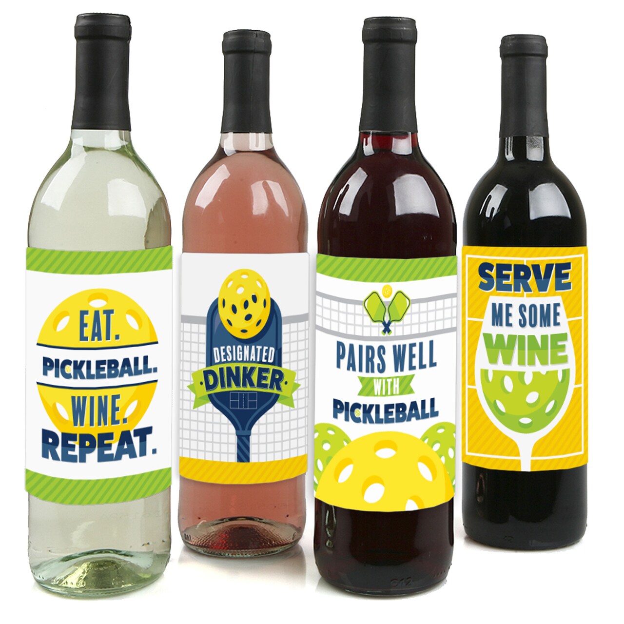 Big Dot of Happiness Let’s Rally - Pickleball - Birthday or Retirement Party Decorations for Women and Men - Wine Bottle Label Stickers - Set of 4